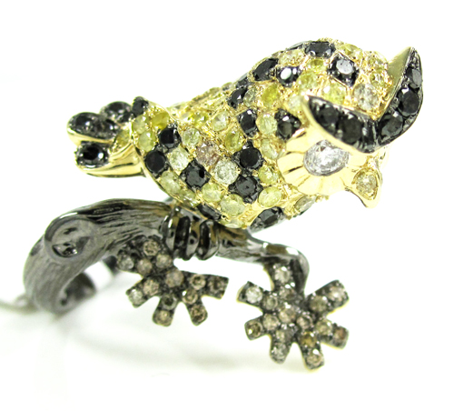 Ladies 14k yellow gold multi colored diamond owl ring 2.54ct