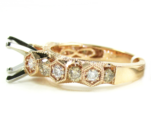 Ladies 14k rose gold champagne & white diamond semi mount ring 0.99ct
