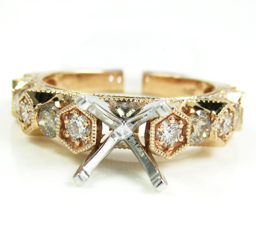 Ladies 14k rose gold champagne & white diamond semi mount ring 0.99ct