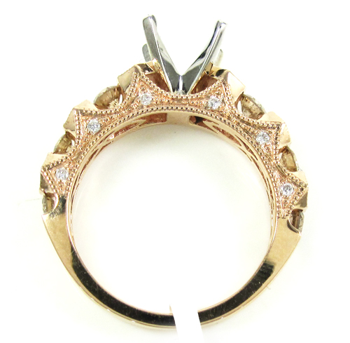 Ladies 14k rose gold champagne & white diamond semi mount ring 0.99ct