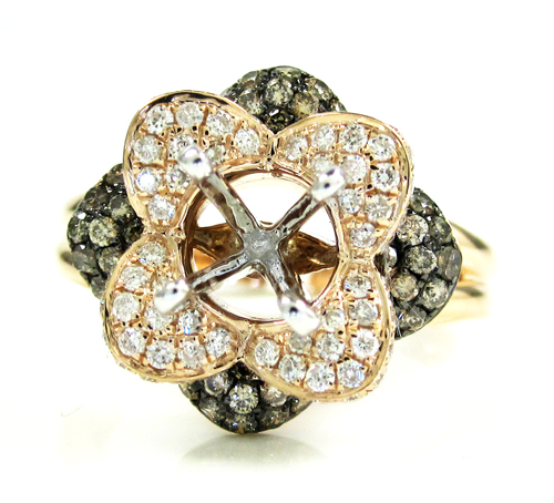 Ladies 14k white gold champagne & white diamond flower semi mount ring 0.99ct