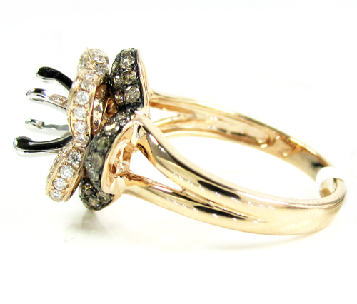 Ladies 14k white gold champagne & white diamond flower semi mount ring 0.99ct