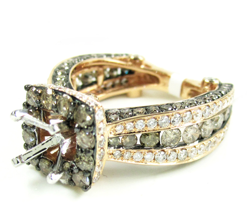 Ladies 14k rose gold champagne & white diamond semi mount ring 3.93ct