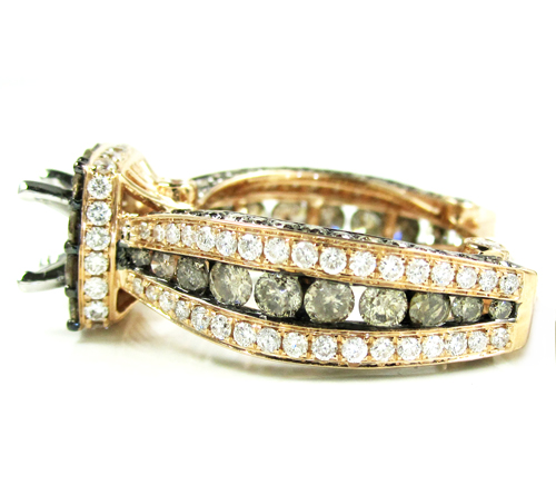 Ladies 14k rose gold champagne & white diamond semi mount ring 3.93ct