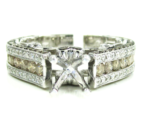 Ladies 14k white gold champagne & white diamond semi mount ring 2.36ct