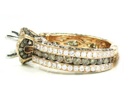 Ladies 14k rose gold champagne & white diamond semi mount ring 2.66ct