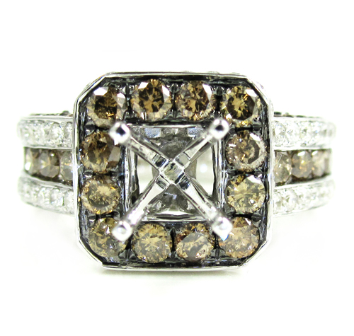 Ladies 14k white gold champagne & white diamond semi mount ring 3.68ct