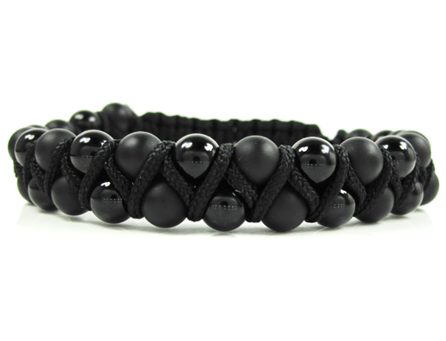 Macramé matte & glossy black onyx smooth bead double rope bracelet