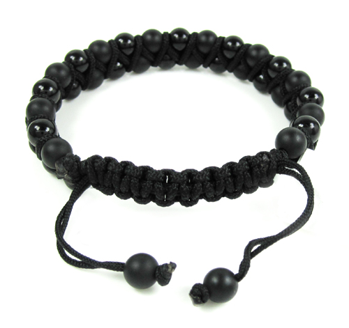 Macramé matte & glossy black onyx smooth bead double rope bracelet