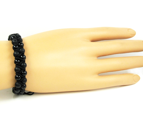 Macramé matte & glossy black onyx smooth bead double rope bracelet - Image 4
