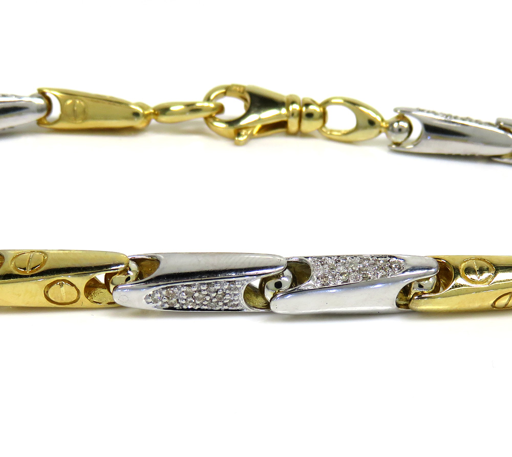 Mens 14k two tone gold bullet link diamond bracelet 1.20ct