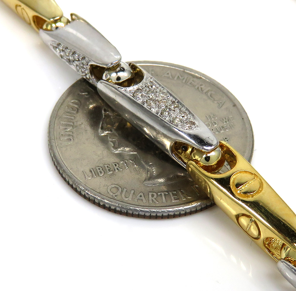 Mens 14k two tone gold bullet link diamond bracelet 1.20ct