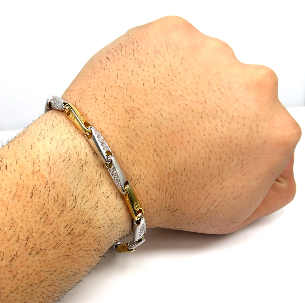 Mens 14k two tone gold bullet link diamond bracelet 1.20ct