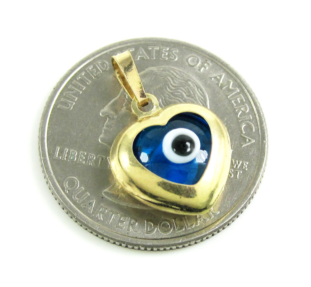 14k yellow gold blue evil eye heart charm