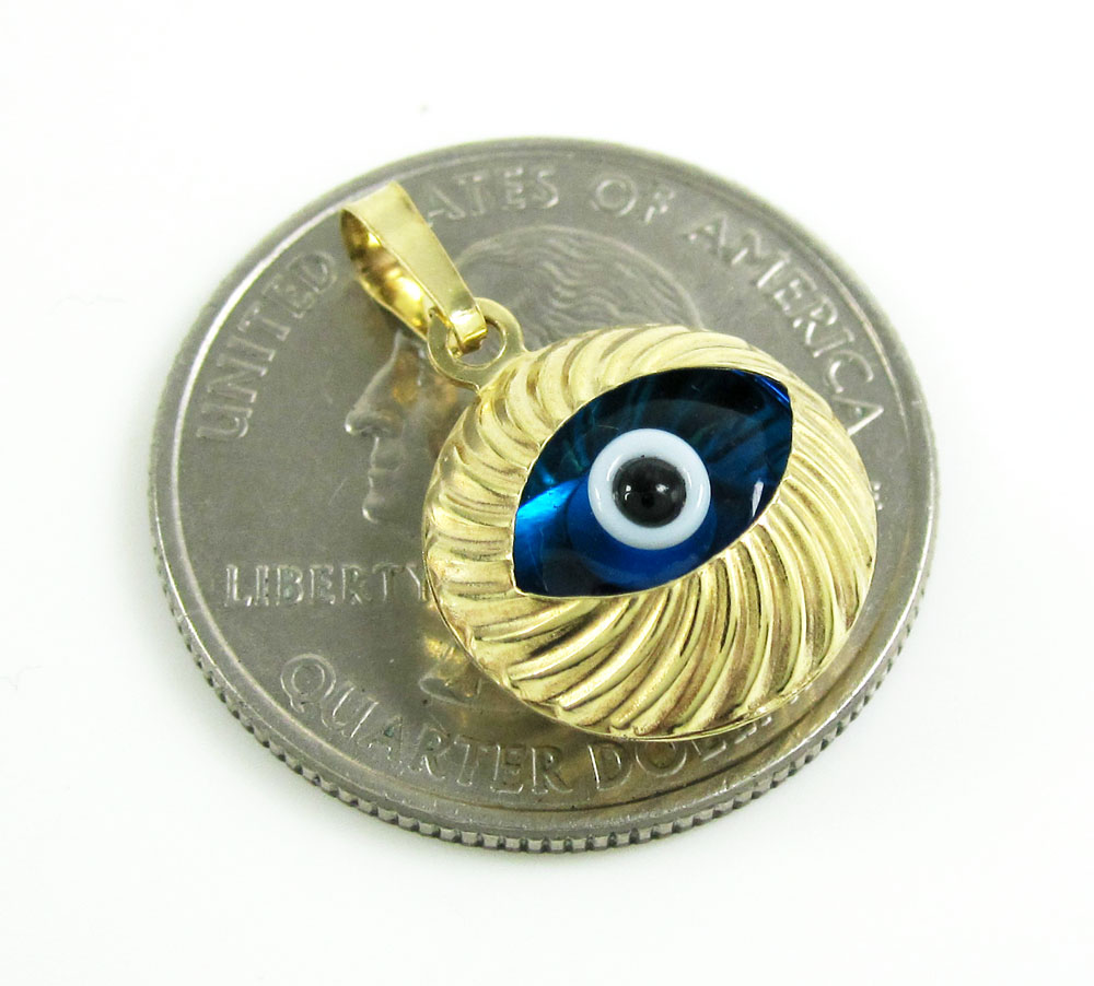 14k yellow gold diamond cut blue evil eye charm