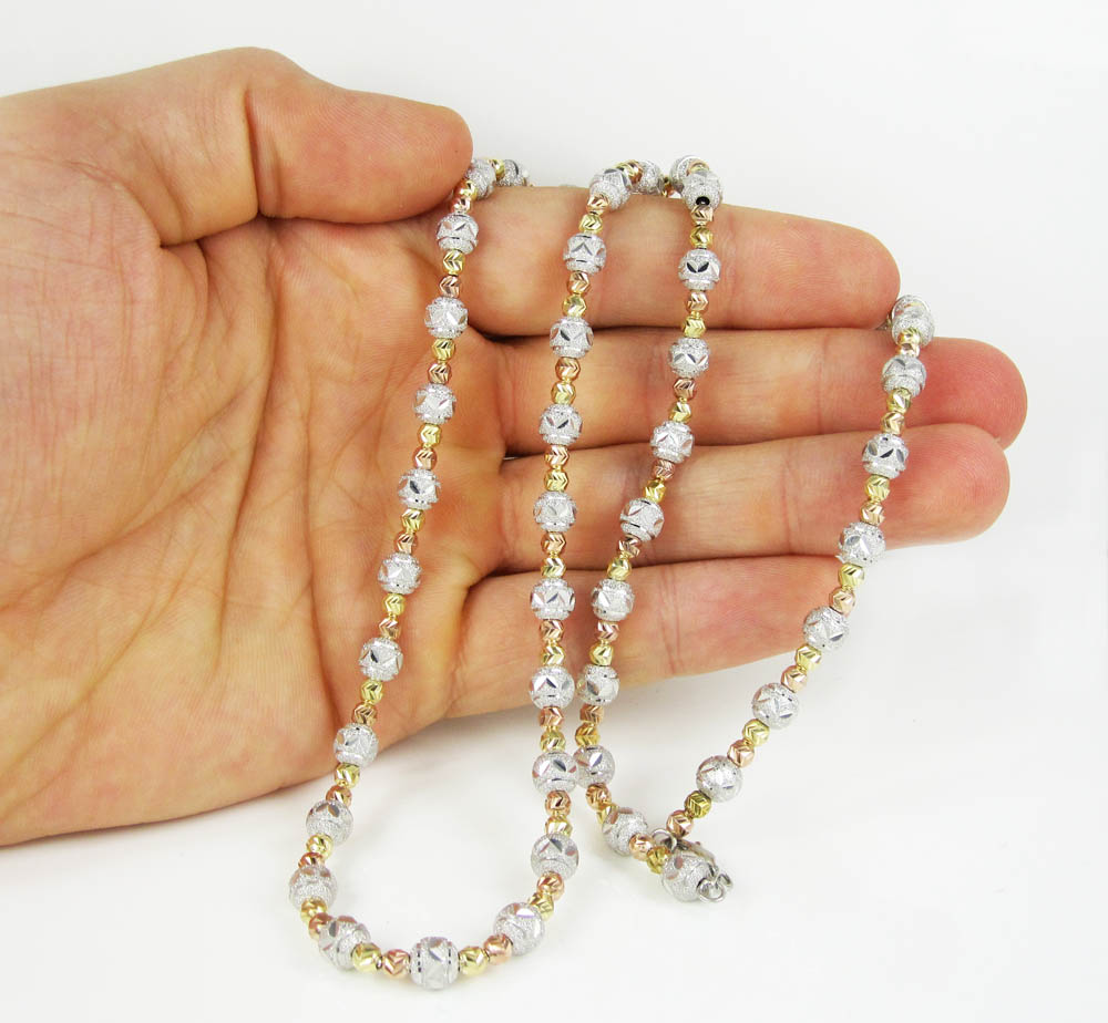 925 tri color silver diamond cut bead chain 24 inch 6mm