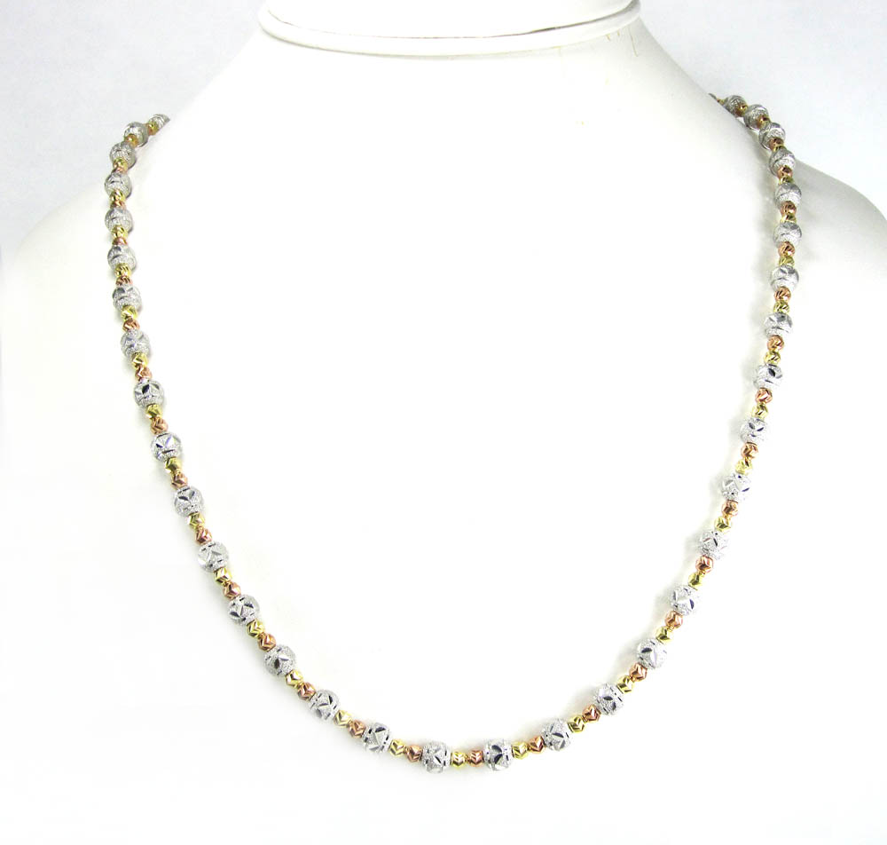 925 tri color silver diamond cut bead chain 24 inch 6mm
