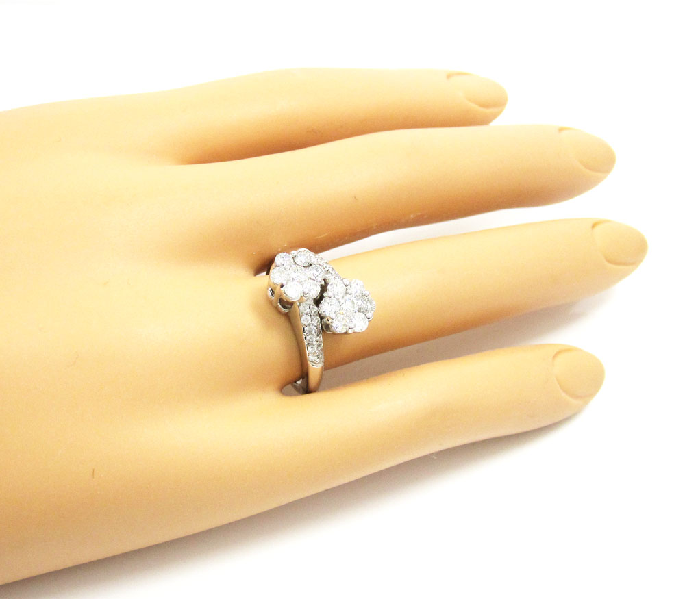 Ladies 14k white gold round diamond double cluster ring 1.20ct