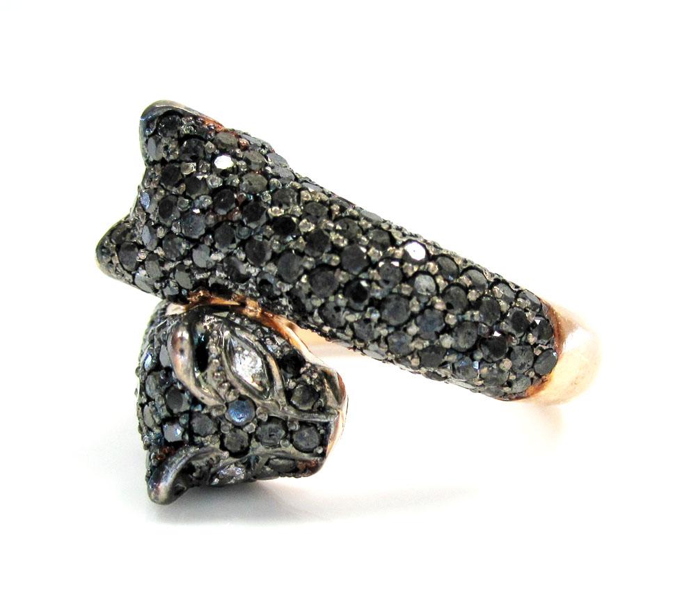 Ladies 14k rose gold black diamond double headed panther ring 4.00ct