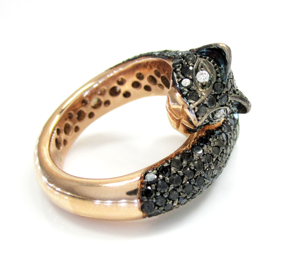 Ladies 14k rose gold black diamond double headed panther ring 4.00ct