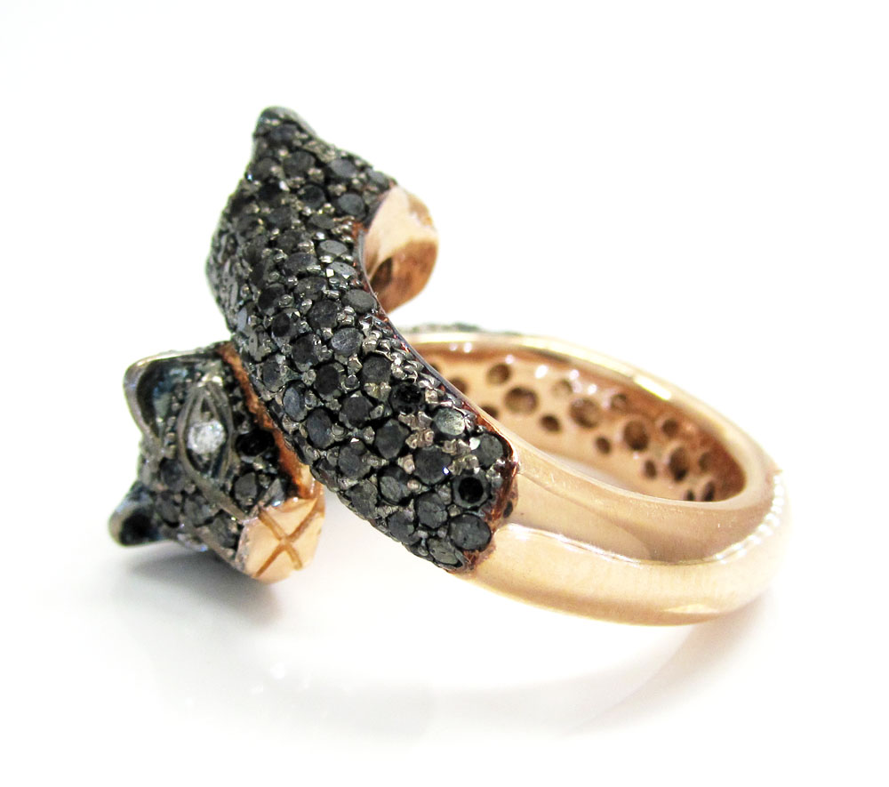 Ladies 14k rose gold black diamond double headed panther ring 4.00ct
