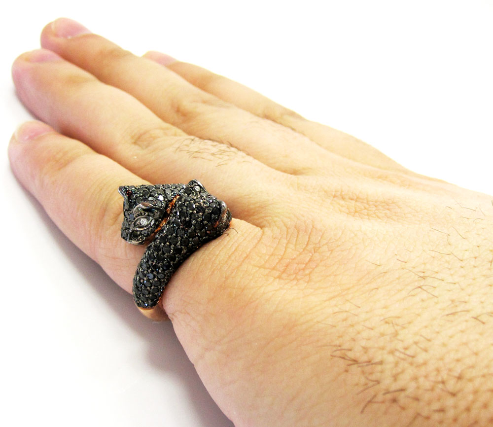 Ladies 14k rose gold black diamond double headed panther ring 4.00ct