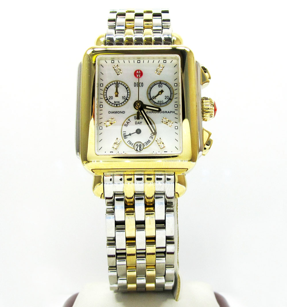 Ladies michele deco day diamond two tone stainless steel watch 0.05ct