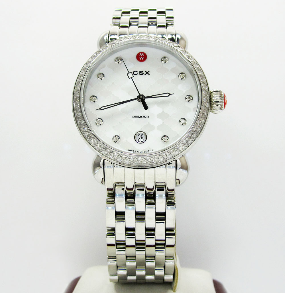 Ladies michele signature csx-36 diamond white stainless steel watch 0.64ct