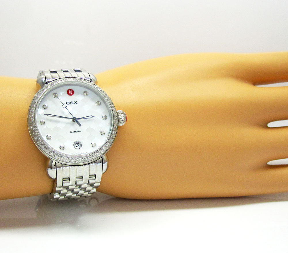 Ladies michele signature csx-36 diamond white stainless steel watch 0.64ct