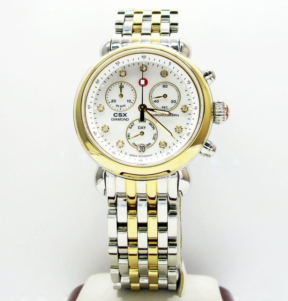 Ladies michele signature csx-36 diamond two tone stainless steel watch 0.04ct