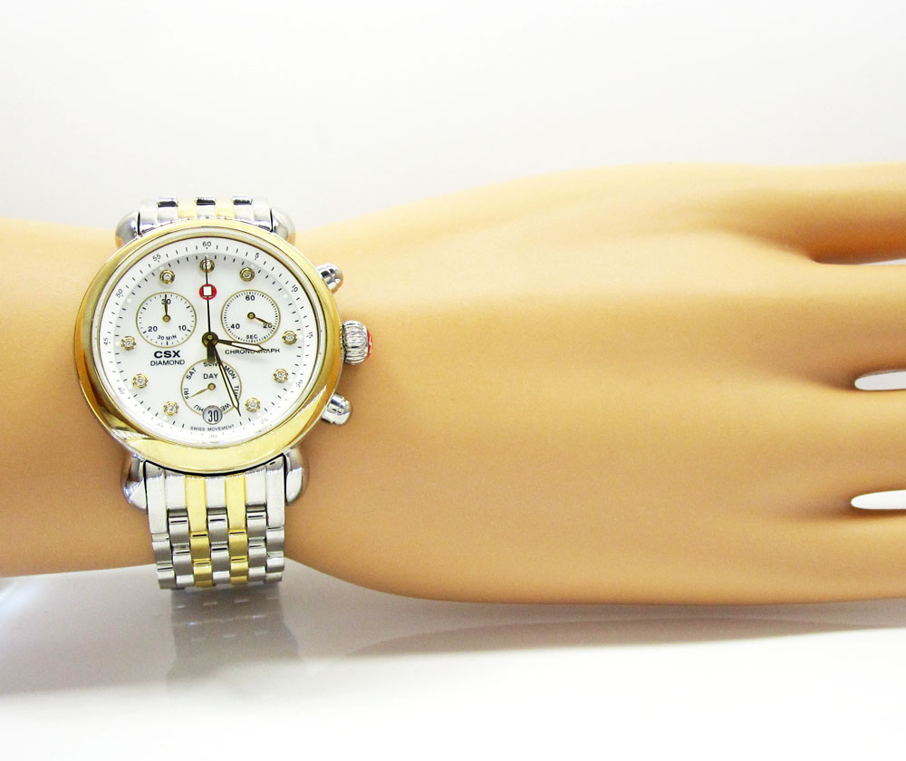 Ladies michele signature csx-36 diamond two tone stainless steel watch 0.04ct