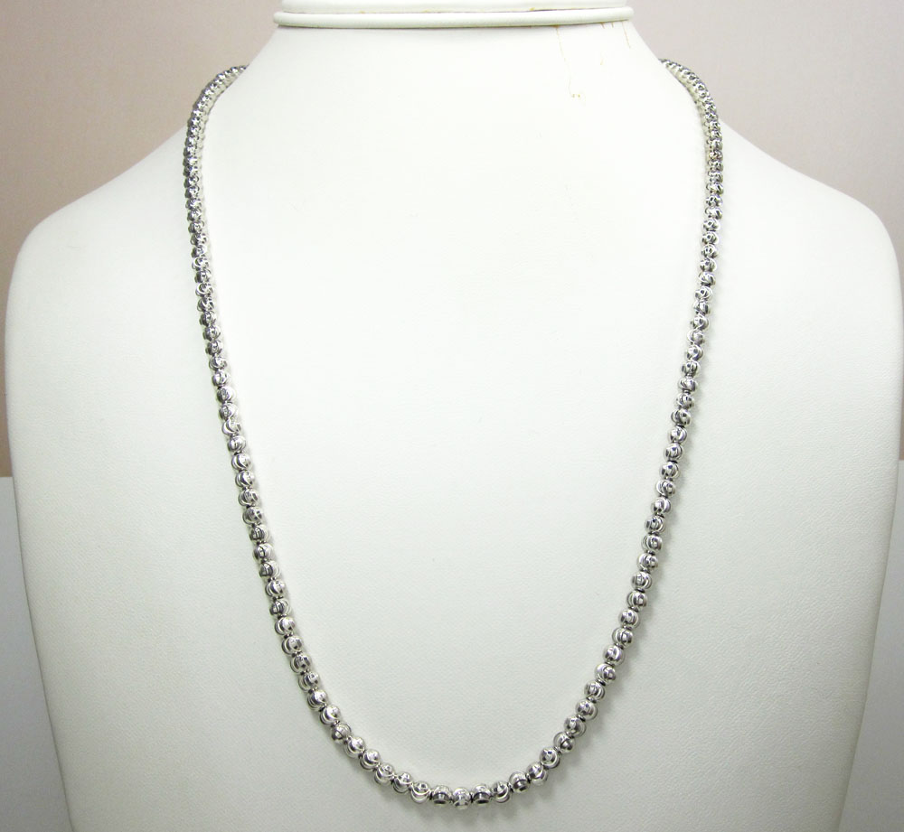 10k white gold moon cut bead link chain 26-36 inch 4mm