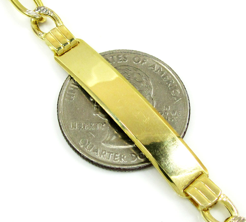 10k yellow gold white diamond cut figaro id bracelet 8 inch 5.8mm 