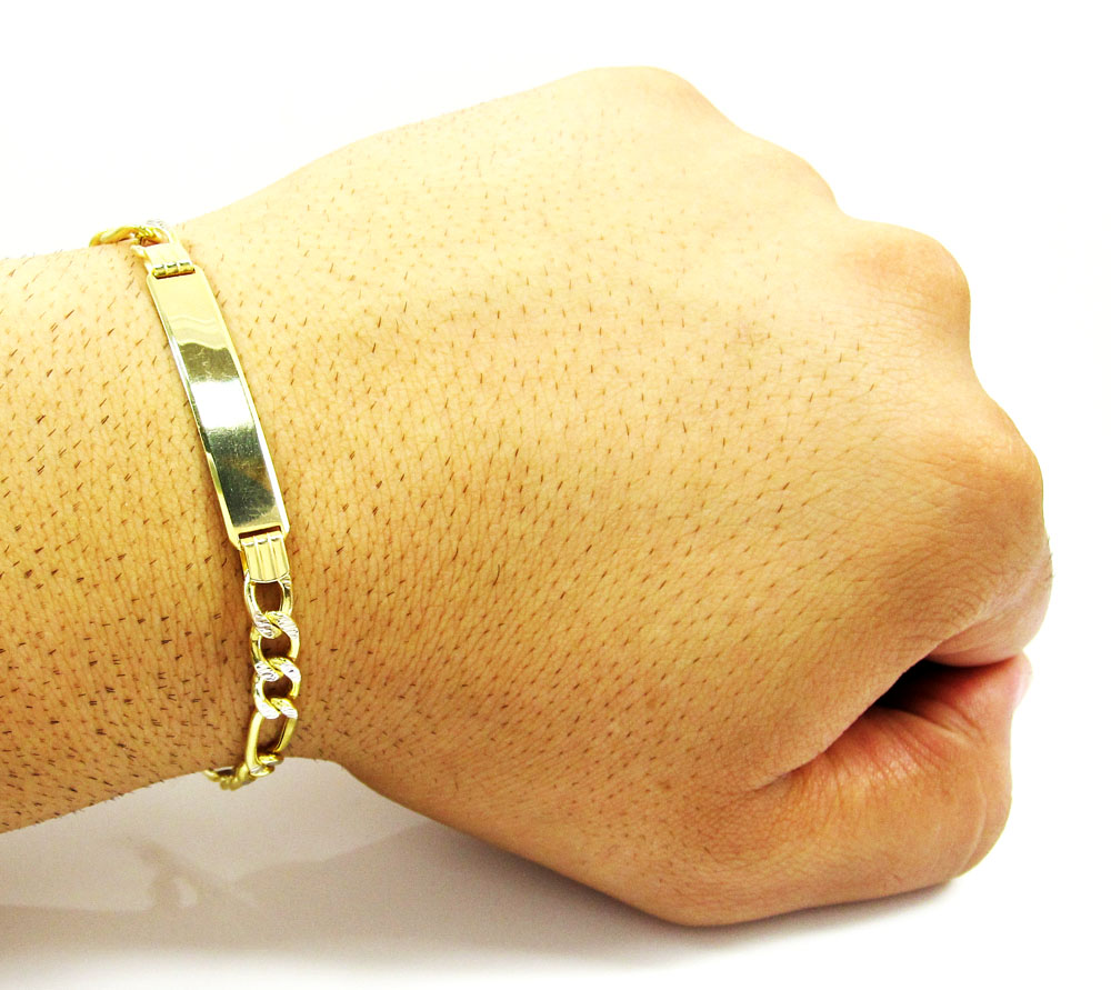 10k yellow gold white diamond cut figaro id bracelet 8 inch 5.8mm 