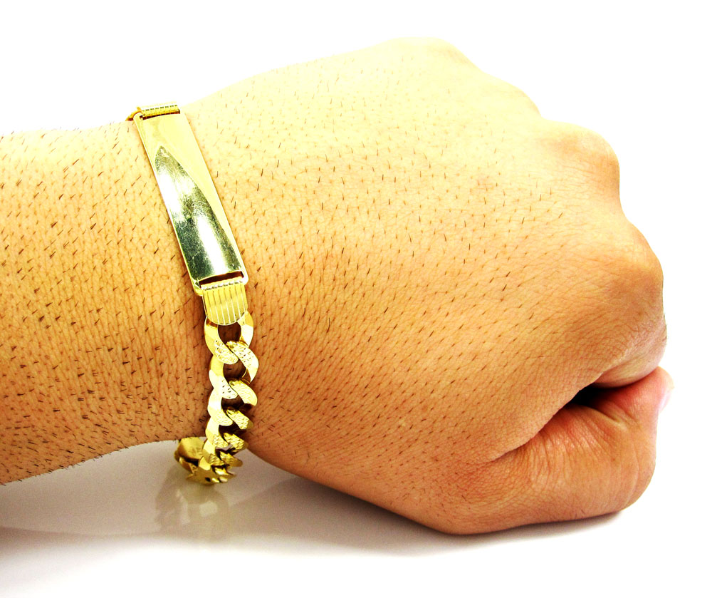 10k yellow gold diamond cut thick cuban id bracelet 9 inch 9.5mm 
