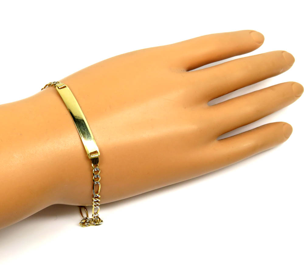 10k yellow gold diamond cut figaro id bracelet 8 inch 3.5mm 