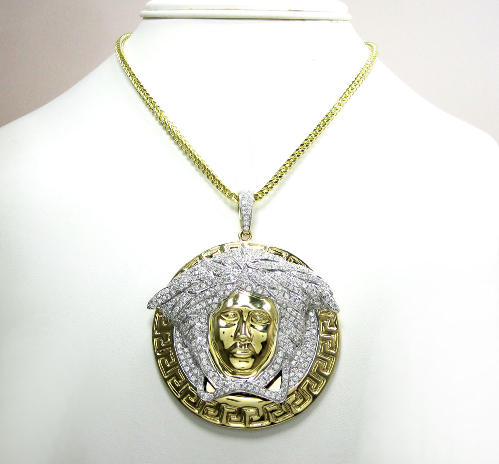 14k yellow gold medusa head diamond pendant 6.66ct