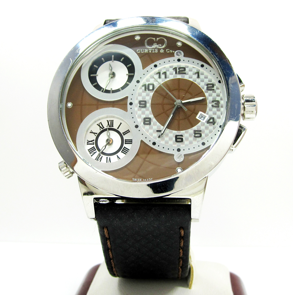 Curtis & co stainless steel big time world 3 time zone brown watch - Image 2
