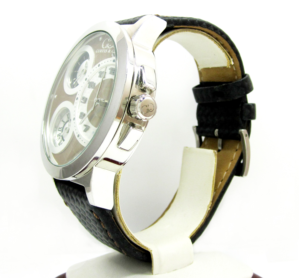 Curtis & co stainless steel big time world 3 time zone brown watch