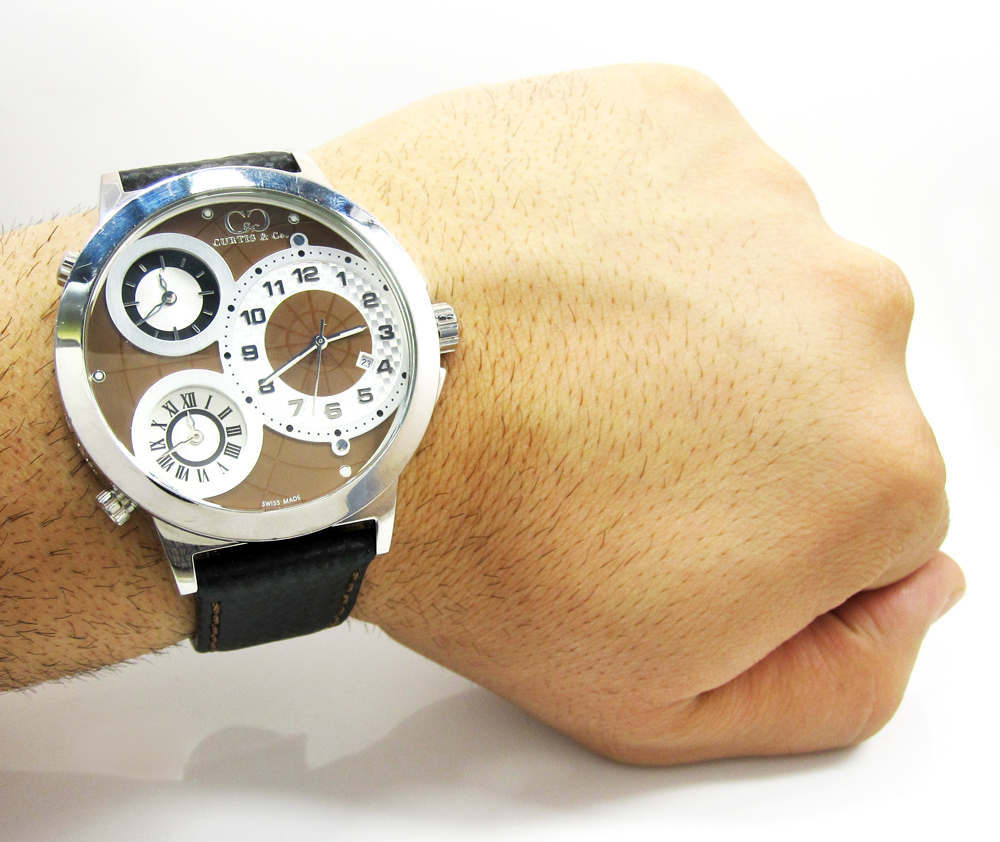Curtis & co stainless steel big time world 3 time zone brown watch