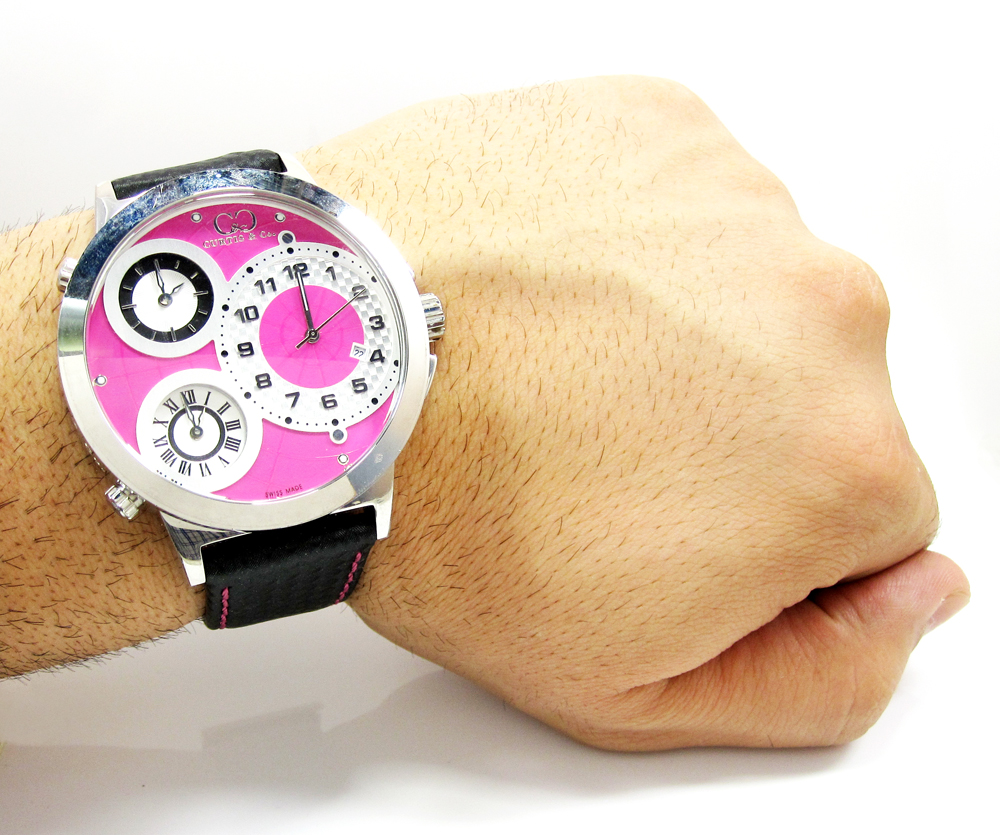 Curtis & co stainless steel big time world 3 time zone pink watch
