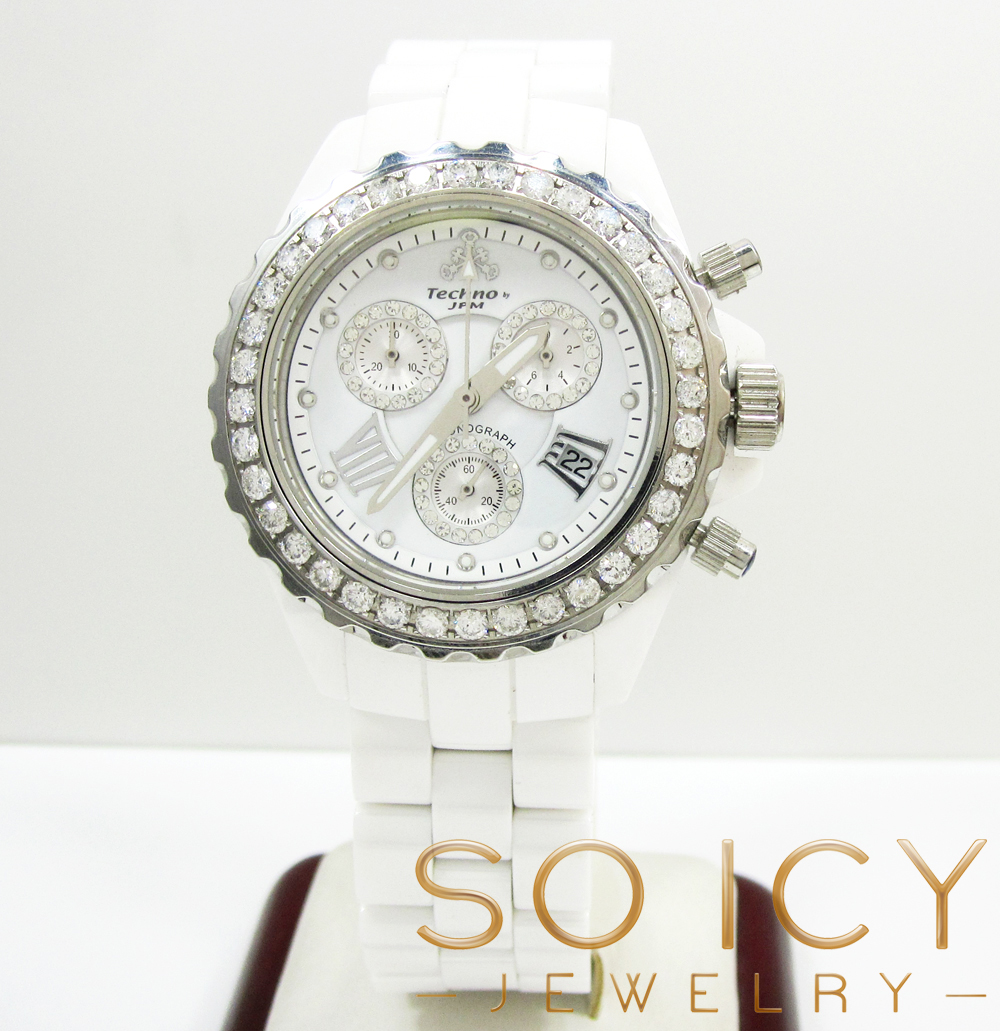 Mens techno jpm white ceramic diamond 38mm watch 2.75ct