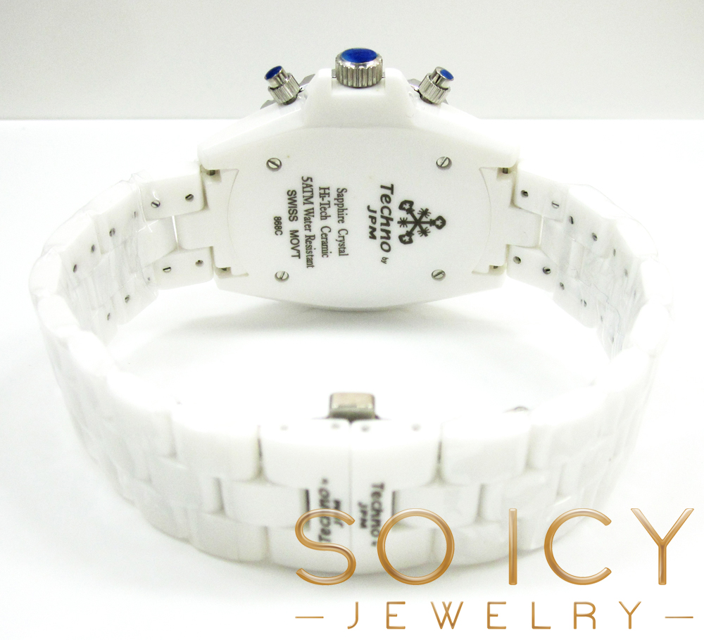 Mens techno jpm white ceramic diamond 38mm watch 1.35ct