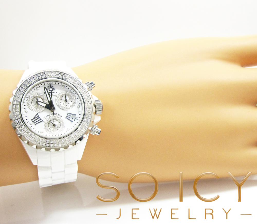 Ladies 35mm techno jpm white ceramic diamond watch 1.25ct