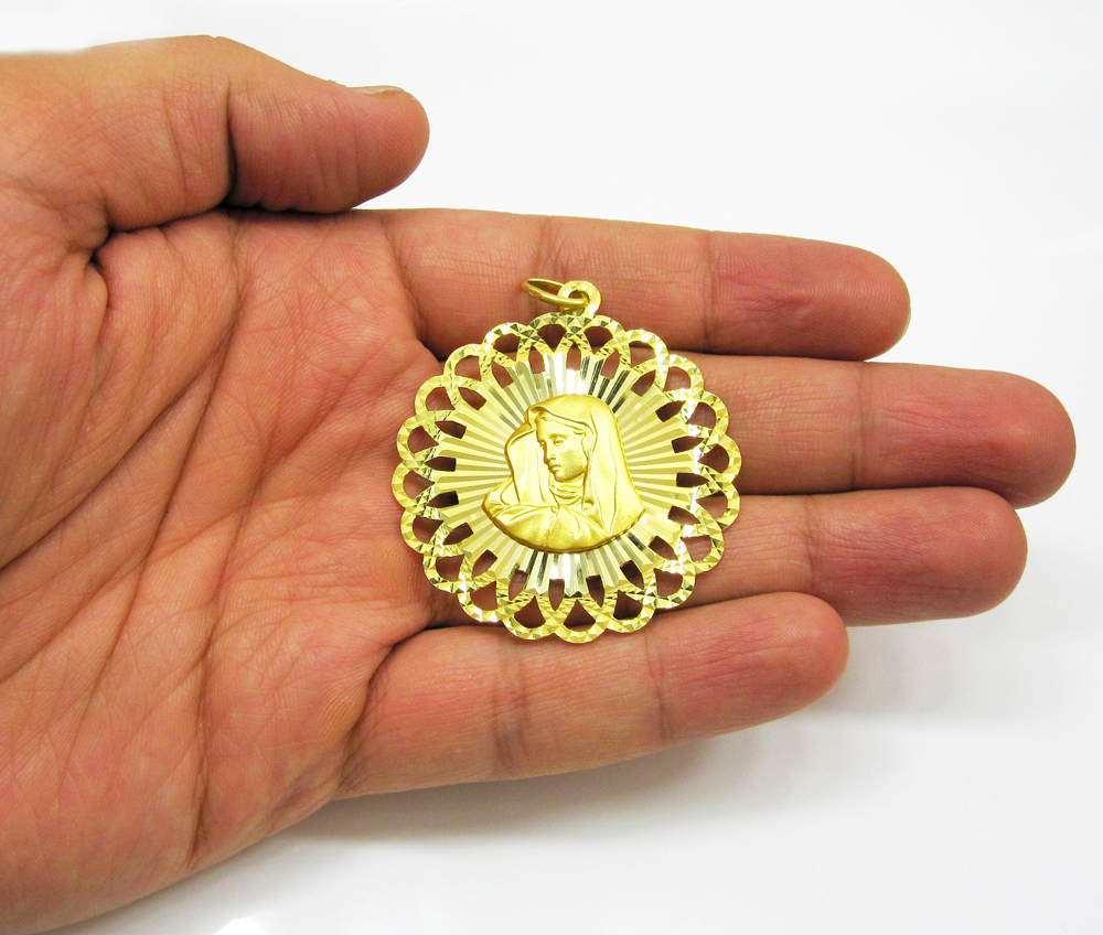 14k yellow gold double sided jesus & virgin mary pendant - Image 3