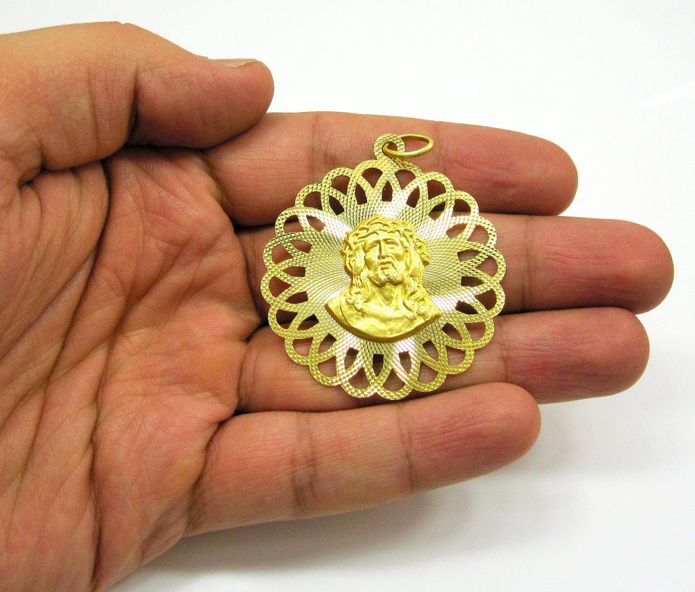 14k yellow gold double sided jesus & virgin mary pendant