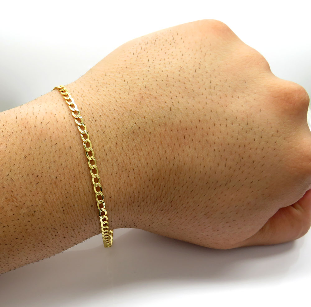 Unisex 10k yellow gold diamond cut cuban short bracelet 7 inch 3.5mm 