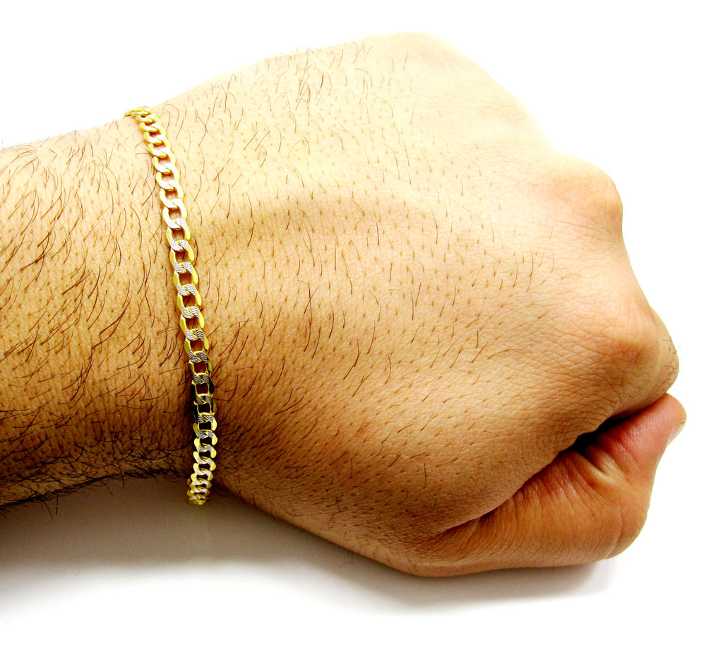 10k yellow gold two tone diamond cut cuban bracelet 8 inch 4.4mm  - Image 5