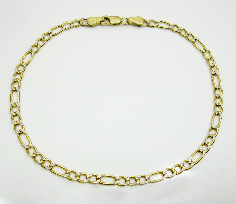 10k yellow gold two tone diamond cut figaro bracelet 8 inch 3.3mm