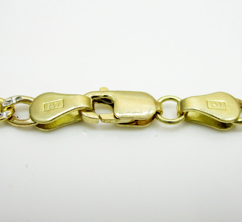 10k yellow gold two tone diamond cut figaro bracelet 8 inch 3.3mm